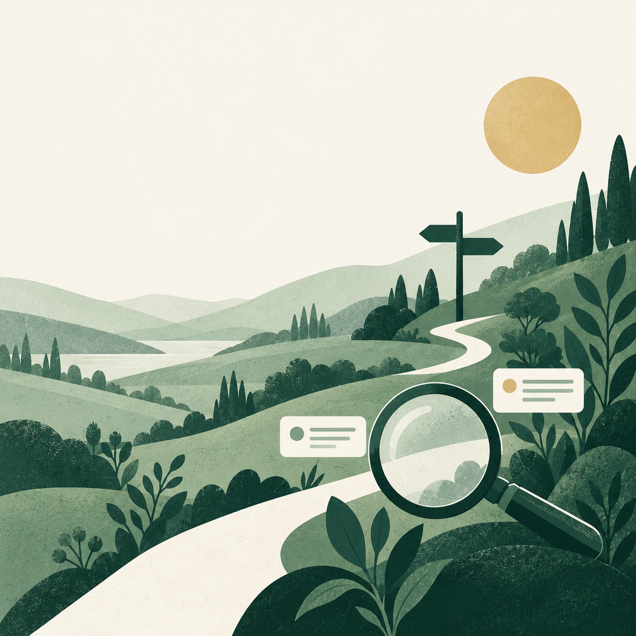 A winding path through a green landscape, with a signpost and magnifying glass